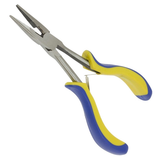 A pair of precision long nose pliers with slim, tapered steel jaws, an integrated wire cutter near the pivot, and blue and yellow ergonomic handles, designed for gripping, bending, and manipulating small components.
