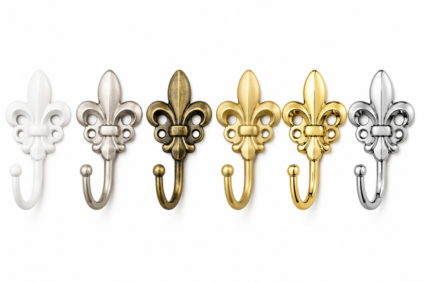 Fleur de Lys Curtain Tieback Hooks – Decorative Curtain Holdbacks in White, Matt Nickel, Antique Brass, crome, Satin Brass & Brass (Pair)