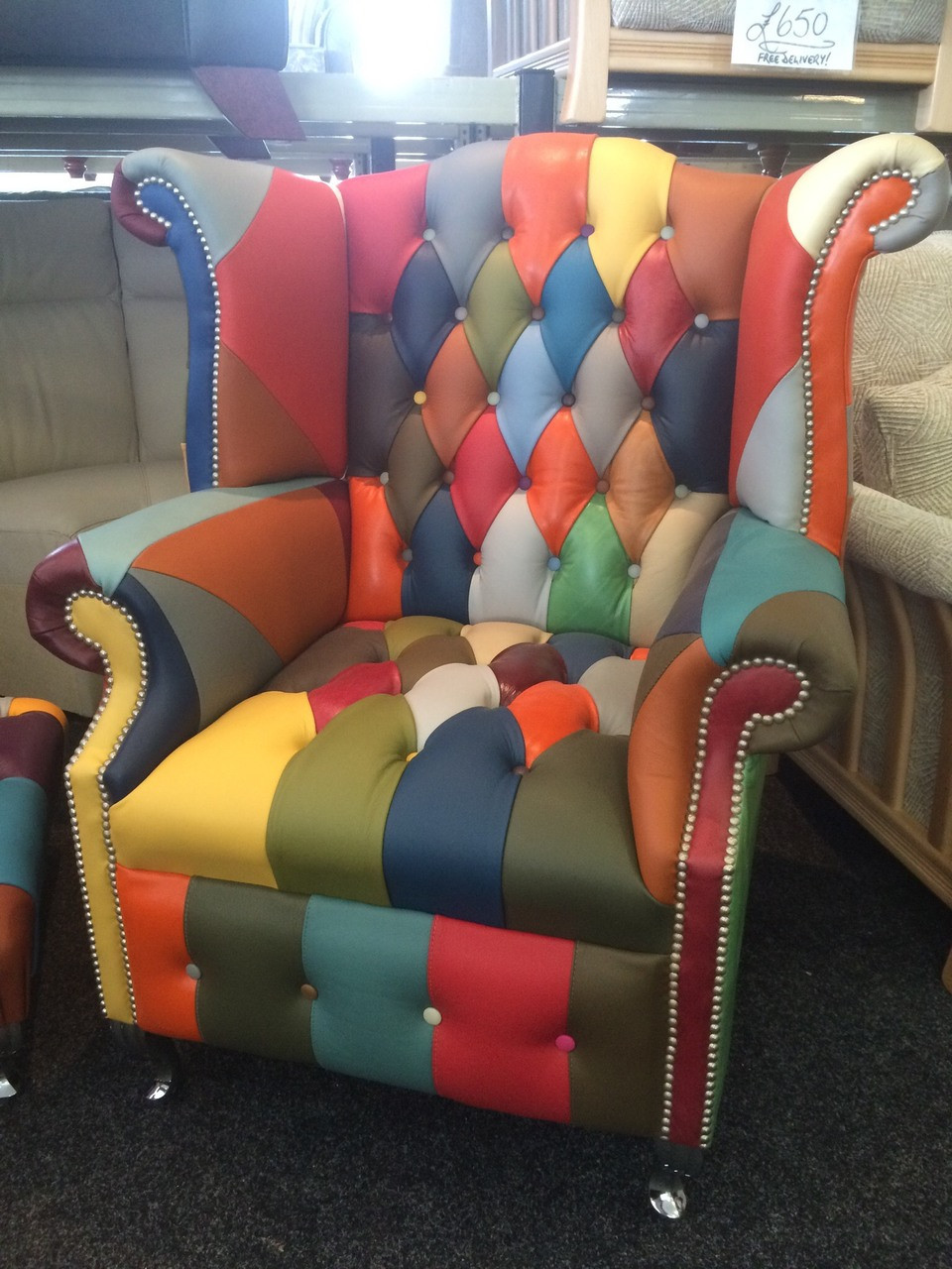 Harlequin Leather Scroll Wing Chair Button Seat Hellesdon