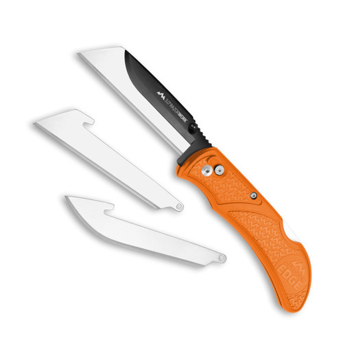 Outdoor Edge Razorwork Folding Knife Plain Edge 3" Blades Black Oxide Finish 420J2 Stainless Steel Orange Handle Includes (2) Utility Blades and (1) Drop Point Blade RWB30-70C