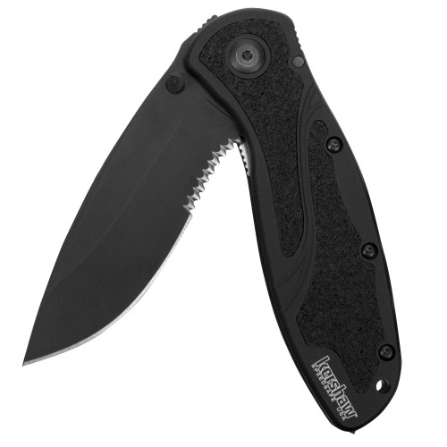 Kershaw Blur, Glassbreaker Folding Knife (1670BGBBLKST); Partially Serrated 3.4 14C28N Steel Blade, Anodized Aluminum Handle with Trac-Tec Grip, Glassbreaker Tip, SpeedSafe Opening, Pocketclip;4 OZ.