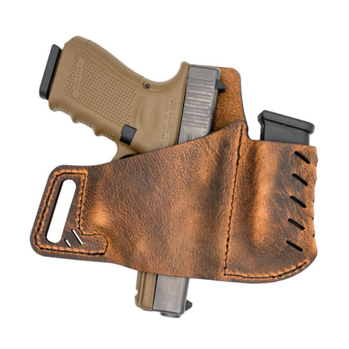 Versacarry 62103 Commander Holster with Spare Mag Pouch, Distressed Water Buffalo Leather, Flex Vent, OWB, Size 3 - Subcompact , Brown