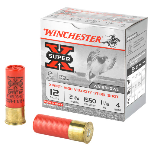 Winchester Ammunition Xpert HI-Velocity Steel 12 Gauge 2.75" #4 1.06 oz. Steel Shot Lead Free 25 Round Box WEX124