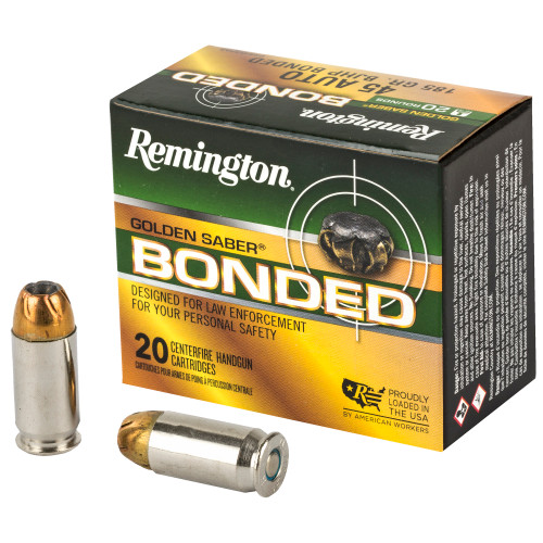 Remington Ammunition 29325 Golden Saber Bonded  45 ACP 185 gr Bonded Brass Jacketed Hollow Point BBJHP 20 Per Box 25 Cs