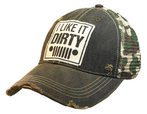 I Like It Dirty Distressed Trucker Cap in Camo