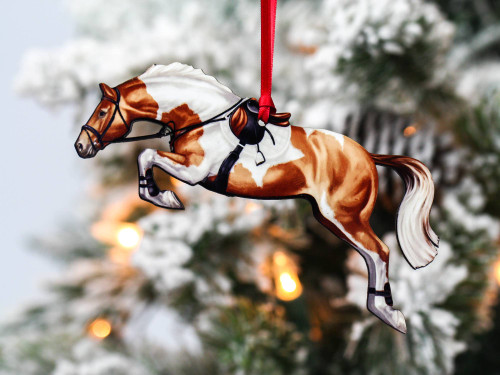 Jumping Horse Ornament - Chestnut & White Tobiano Hunter Jumper