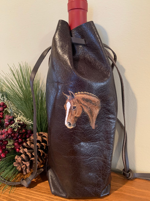 Handmade & Hand Painted Leather Wine Bag - Dark Brown with Chestnut Horse Head & Neck