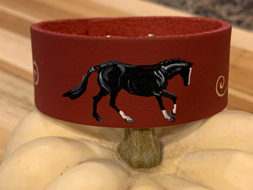 Handmade & Hand Painted Leather Cuff Bracelet - Dark Red with Black Horse