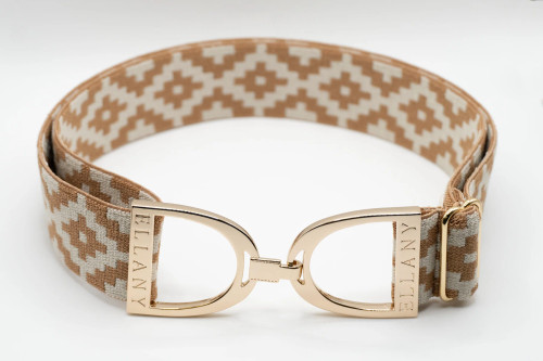 Ellany Caramel Polo - 1.5" Gold Stirrup Elastic Belt Ellany Caramel Polo - 1.5" Gold Stirrup Elastic Belt
