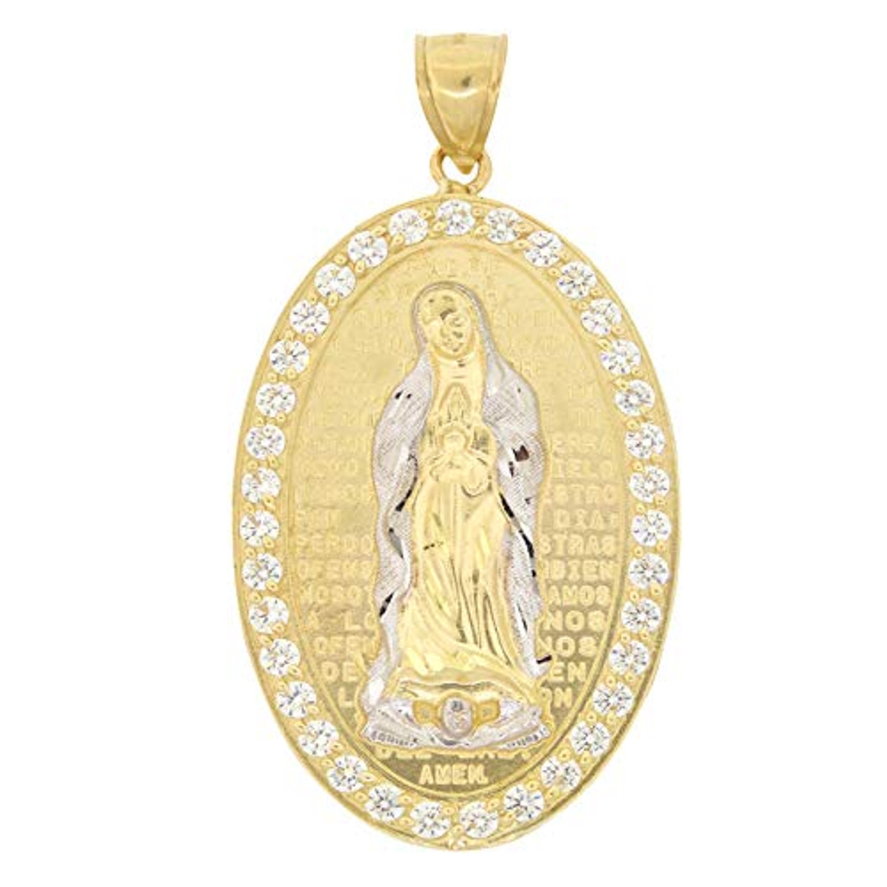 10k Gold Large Virgin Mary w/ Spanish Prayer Pendant