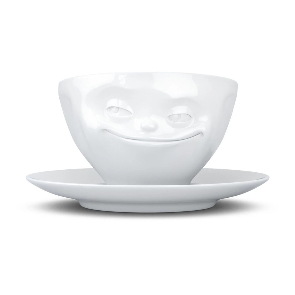Coffee Cup Grinning Face White w/Saucer