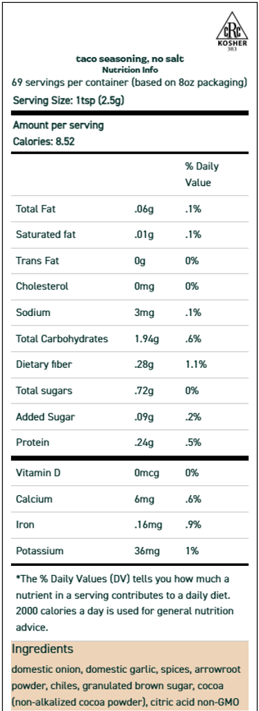 Taco Seasoning, No Salt 2 oz