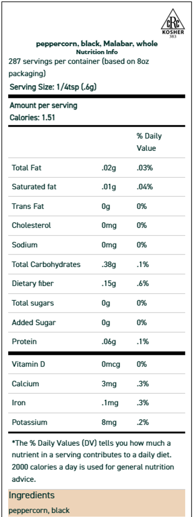 Peppercorn, Black, Malabar, Whole 2 oz