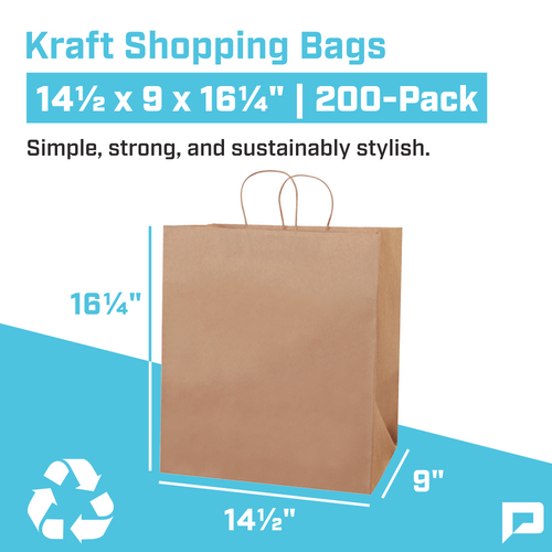 14 ½ x 9 x 16 ¼" Kraft Paper Shopping Bags (200-Pack)