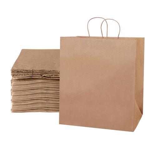 14 ½ x 9 x 16 ¼" Kraft Paper Shopping Bags (200-Pack)