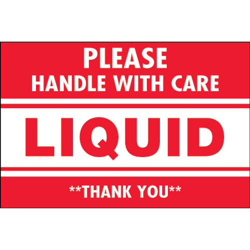 2 x 3" - "Please Handle With Care - Liquid - Thank You" Labels (Roll of 500)