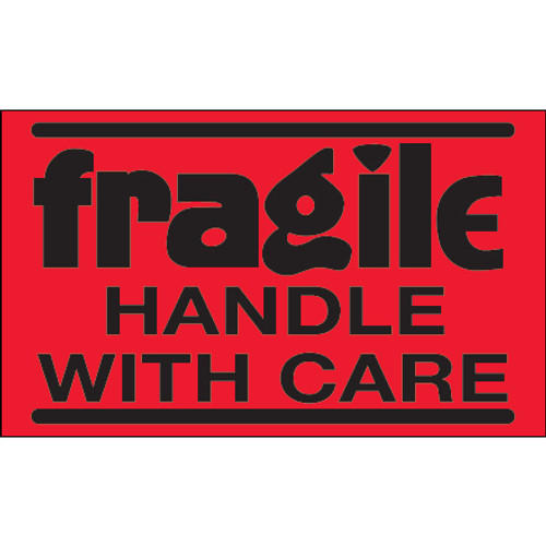 3 x 5" - "Fragile - Handle With Care" (Fluorescent Red) Labels (Roll of 500)