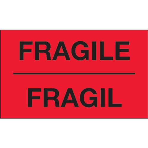 3 x 5" - "Fragil" (Fluorescent Red) Bilingual Labels (Roll of 500)