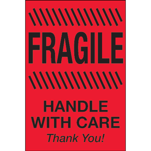 4 x 6" - "Fragile - Handle With Care" (Fluorescent Red) Labels (Roll of 500)