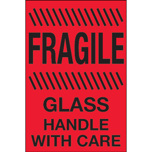 4 x 6" - "Fragile - Glass - Handle With Care" (Fluorescent Red) Labels (Roll of 500)