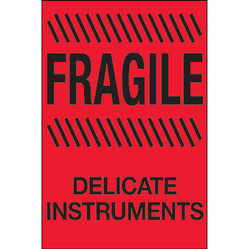 4 x 6" - "Fragile - Delicate Instruments" (Fluorescent Red) Labels (Roll of 500)