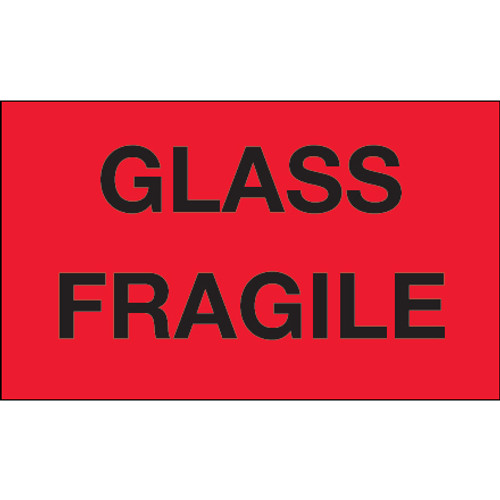 3 x 5" - "Glass - Fragile" (Fluorescent Red) Labels (Roll of 500)