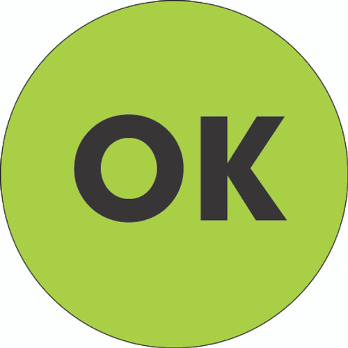 1" Circle - "OK" Fluorescent Green Labels (Roll of 500)