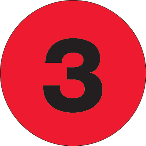 3" Circle - "3" (Fluorescent Red) Number Labels (Roll of 500)