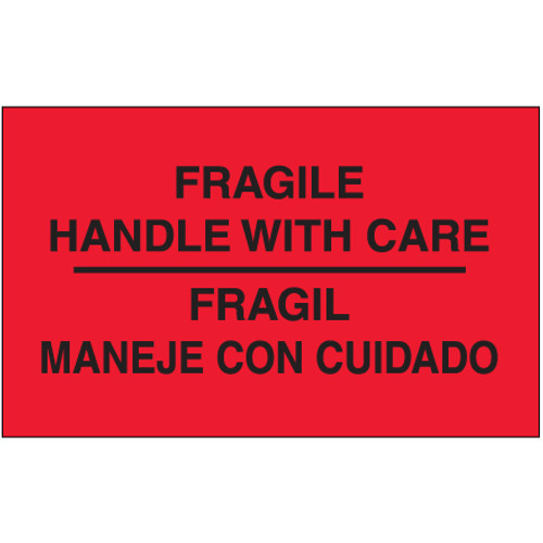3 x 5" - "Fragil - Maneje Con Cuidado" (Fluorescent Red) Bilingual Labels (Roll of 500)