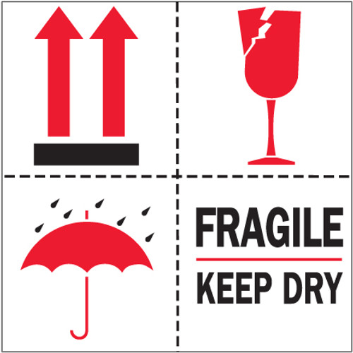 4 x 4" - "Fragile - Keep Dry" Labels (Roll of 500)