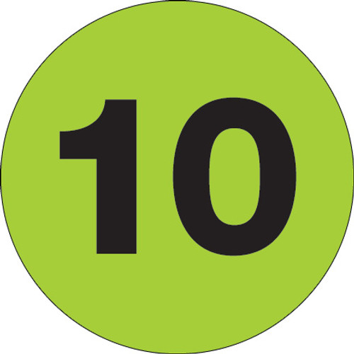 2" Circle - "10" (Fluorescent Green) Number Labels (Roll of 500)