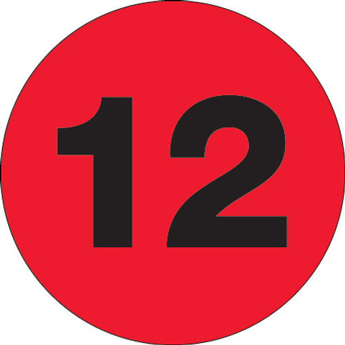 2" Circle - "12" (Fluorescent Red) Number Labels (Roll of 500)