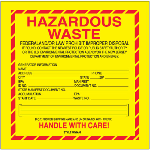 6 x 6" - "Hazardous Waste - New Jersey" Labels (Roll of 500)