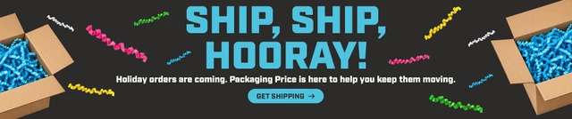 Holiday shipping essentials from Packaging Price featuring colorful packing fill and shipping supplies.