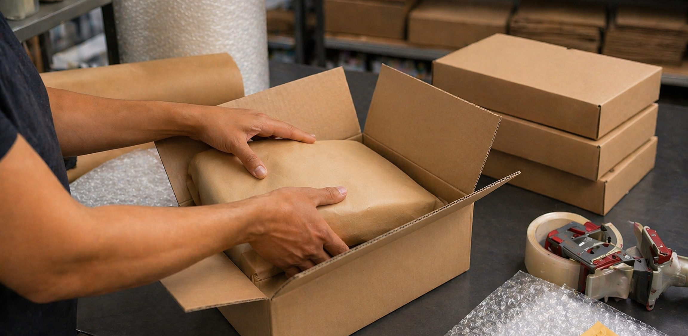 employee packing box at packing station