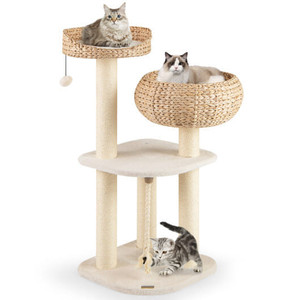 41 Inch Rattan Cat Tree with Napping Perch-White - Color: White D681-PS7475WH