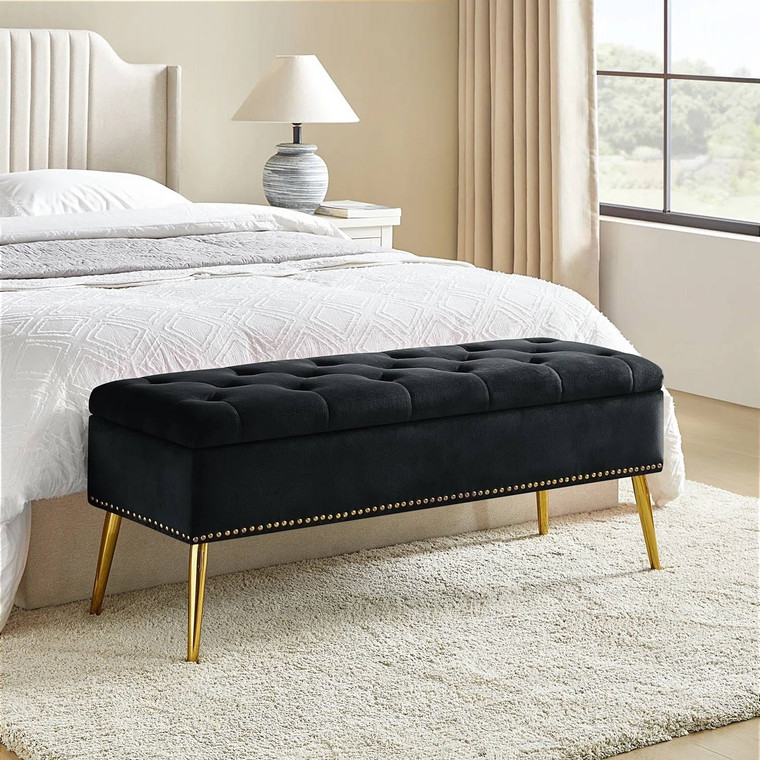 Mid-Century Modern End of Bed Storage Bench with Black Velvet Seat and Gold Legs Q280-BLKUFSB164825761