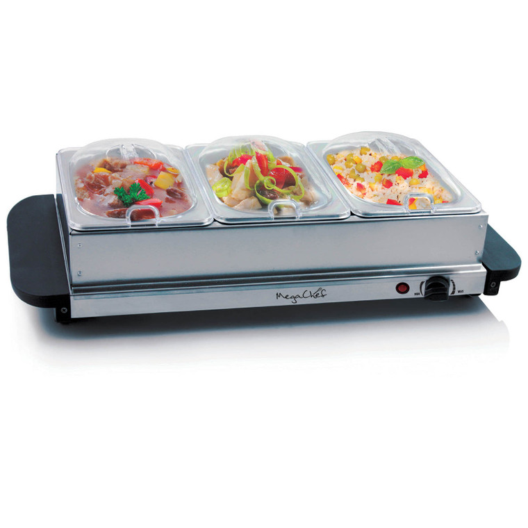 MegaChef Buffet Server & Food Warmer With 3 Removable Sectional Trays , Heated Warming Tray and Rem D970-MC-9003B