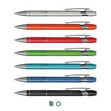 A collection of metal pens in silver, orange, red, green, blue, and black, featuring a logo on each pen.