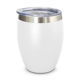 A drink bottle in white with a stainless steel rim and a clear lid, featuring a logo on the surface.