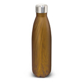 A drink bottle with a wood-like brown finish and a stainless steel cap, featuring a logo.