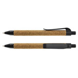 A pair of cork-covered plastic pens in black with black clips, featuring a simple, eco-friendly design.