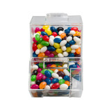 A clear dispenser filled with assorted mini jelly beans in vibrant colors like red, blue, green, and yellow. A clear dispenser filled with assorted mini jelly beans in vibrant colors like red, blue, green, and yellow.