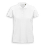 A white women's polo shirt featuring a collared neckline and short sleeves, with a subtle logo on the chest.