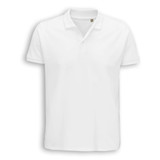 A white men's polo shirt featuring short sleeves and a collar, with a logo on the chest.