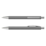 A grey Lancer Soft-Touch Pen features a sleek design with metallic accents and a clip, and has a logo on its body.