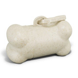 A bone-shaped pet bag dispenser in a natural beige colour, with a simple opening mechanism and a logo.