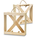 A wooden wine crate in natural colour, featuring a rope handle and designed to hold three bottles.