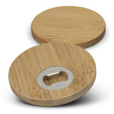 A drink bottle opener coaster set of 2, featuring round bamboo coasters with a silver opener inset.