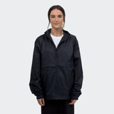 A black unisex windbreaker jacket with a hood, featuring elastic cuffs and a front zip.